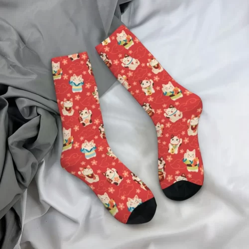 Chaussettes-Chat-Porte-Bonheur-Japonais-pour-Homme-et-Femme-Bas-D-contract-s-Dessin-Anim-Maneki-2 Chaussettes rouges Maneki Neko fleuries - Image 2