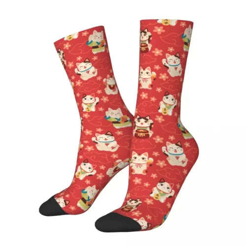 Chaussettes-Chat-Porte-Bonheur-Japonais-pour-Homme-et-Femme-Bas-D-contract-s-Dessin-Anim-Maneki Chaussettes rouges Maneki Neko fleuries