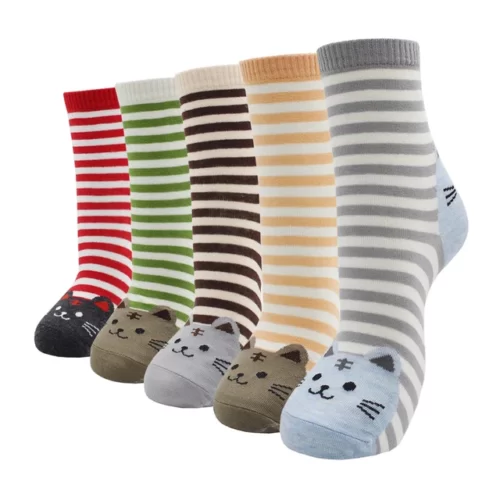 Cute-Kawaii-cartoon-cotton-socks-for-women-fashion-color-e-5-pairs.jpg_640x640-3 5 Paires chaussettes animaux kawaii - Chats à rayures