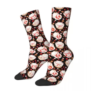 Polyester-socks-with-lucky-cat-Kitty-for-men-and-women-Maneki-Neko-socks-tube Chaussettes maneki neko noires à fleurs
