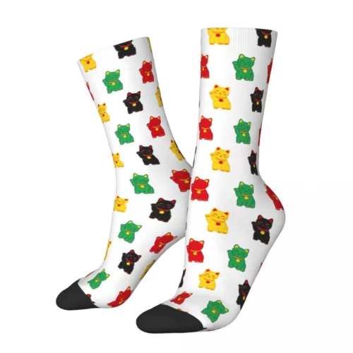 Chaussettes-japonaises-avec-chat-porte-bonheur-pour-hommes-et-femmes-bas-Maneki-Neko-tube-moyen-d Chaussettes blanches Maneki Neko multicolor