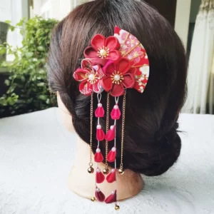 Kimono-Japonais-en-Tissu-Fait-la-Main-Fleur-ventail-Pliant-Accessoires-pour-Cheveux-r-initialisation-Gland.jpg_640x640.jpg_ (1) Épingle à cheveux japonaise traditionnelle - Rouge-fonce