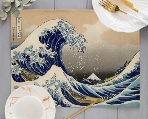 Napperons-en-lin-lavables-japonais-la-grande-vague-d-oke-agawa-les-polym-res-de-salle Dessous de Table Kanagawa
