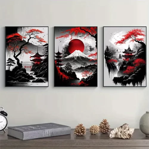 Peinture-sur-toile-de-paysage-naturel-japonais-sans-cadre-affiches-noires-et-rouges-art-l-encre.jpg_ Affiches Paysage Japonais - 20x30cm