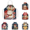 Japanese-style-cartoon-cat-household-resistant-linen-kitchen-apron Tablier Maneki Neko