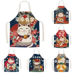 Japanese-style-cartoon-cat-household-resistant-linen-kitchen-apron Tablier Maneki Neko