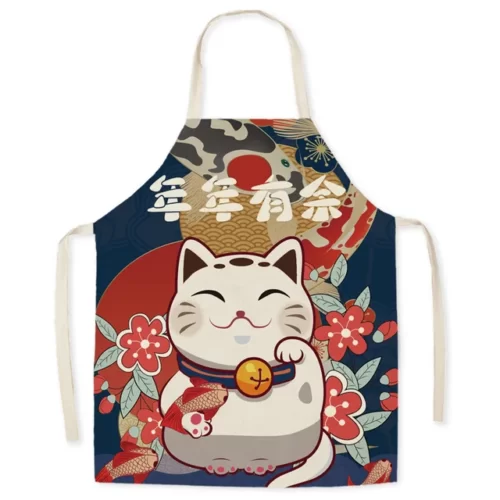 Japanese-style-linen-kitchen-apron-cartoon-cat-housekeeping-resistant-l.jpg_640x640-7 Tablier Maneki Neko - Modele-16 adulte-68x55cm