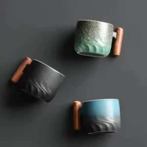 Tasse-Caf-R-tro-en-C-ramique-avec-Poign-e-en-Bois-Exquise-Solide-Faite-la Tasse Japosaise