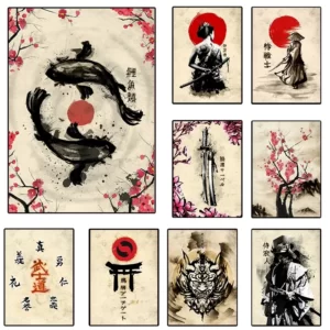 Canvas-d-Wall-Art-of-Samoura-Sakura-Sabre-D-grad-Poster-Japanese-Ink-Modular-Print-of Affiches Japonaises